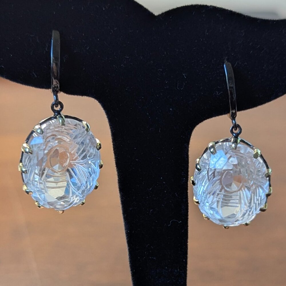 EARRINGS 70CT Natural Quartz Carved 925 Black Rhodium with Gold Plating